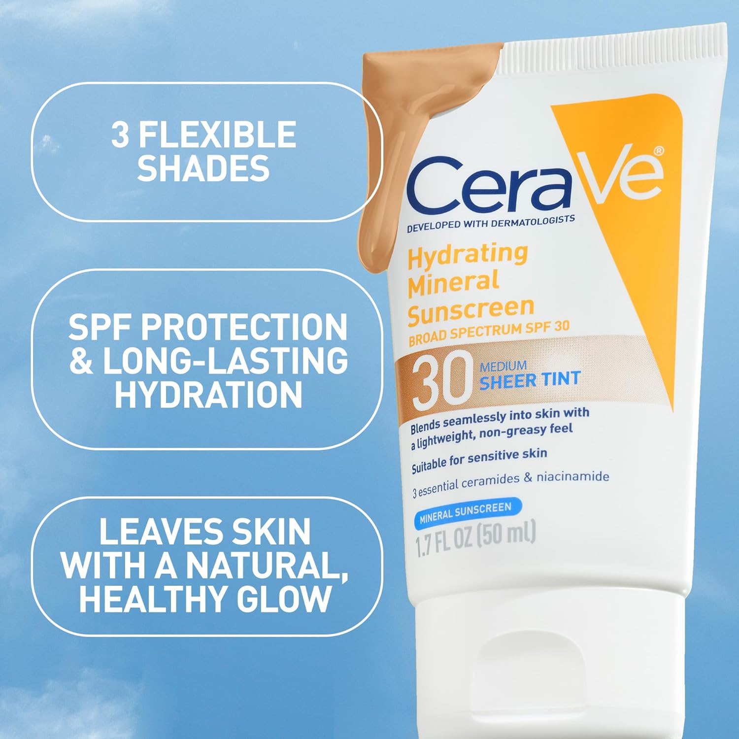 CeraVe Hydrating Mineral Sunscreen SPF 30 with Sheer Tint, Tinted Mineral Sunscreen with Zinc Oxide & Titanium Dioxide, Blends Seamlessly For Healthy Glow, 1.7 Fluid Ounce 24hrsmart